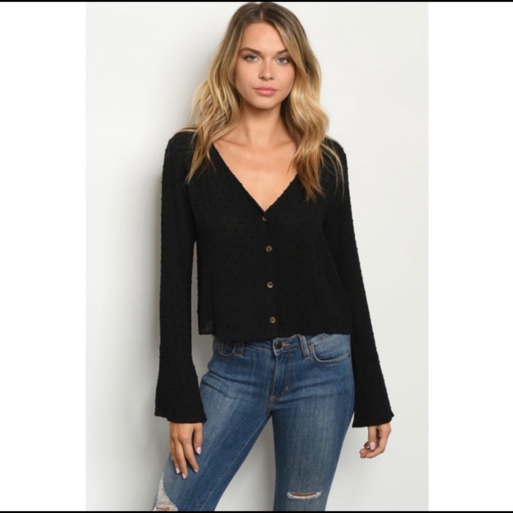 Bell Sleeve Semi Sheer Boho Top With Button Accent